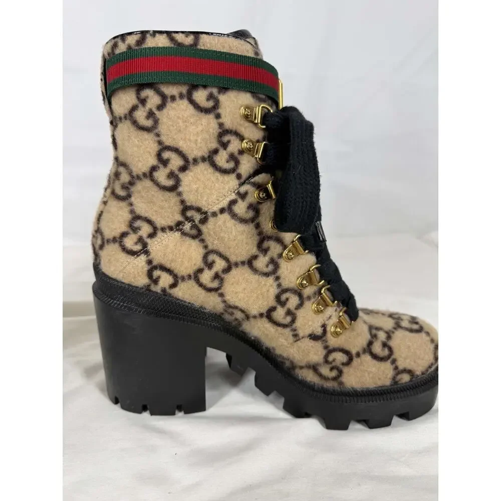 Women's Size 8.5 Gucci Web Accent Wool Combat Boots SPB-JB 371720